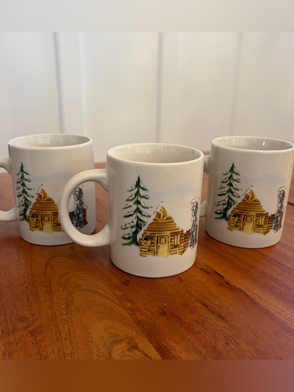 Vintage Test Rite Stoneware Coffee Mugs Winter Cabin Scene Snow Tree Set of 3
